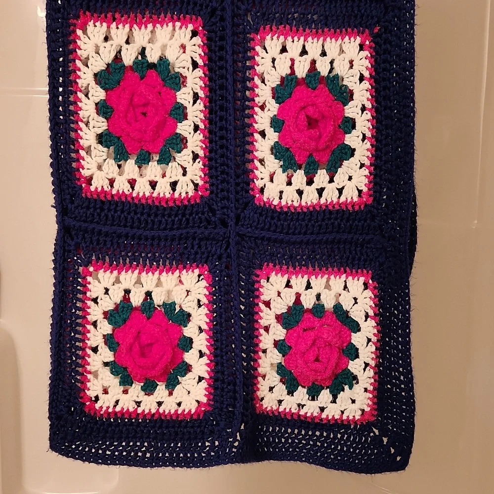 Granny square 3D Roses crochet blanket throw red white blue patriotic Handmade